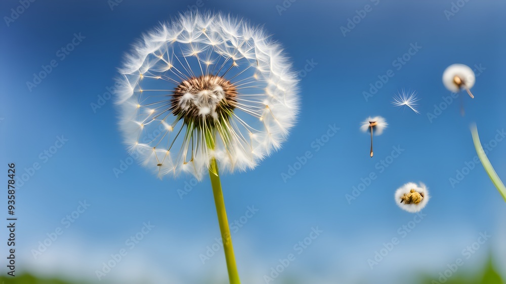 Dandelion flower with seeds flying away by wind at blue sky landscape background Dandelion flower with seeds flying away by wind at blue sky landscape background
