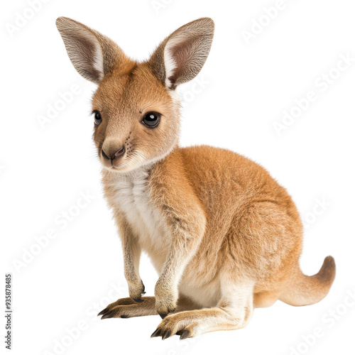 A cute young kangaroo sitting isolated on a white background.