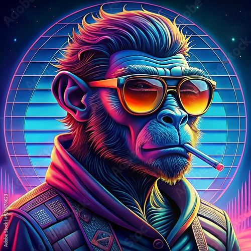 Funny drawing of a monkey smoking cigarettes wearing sunglass on White background generative AI. photo