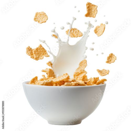 A splash of milk and crispy cereal in a white bowl isolated on a white background.