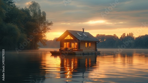 Comfy wooden houseboat in evening twilight on lake and soft sunlight gracefully illuminates casting dreamlike glow.