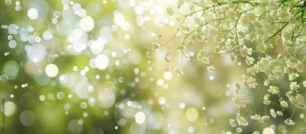 Fototapeta premium Defocused summer natural backdrop featuring blurred white flower umbrella inflorescence and copy space
