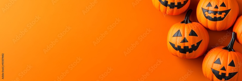 Halloween Pumpkins on Orange Background - Four jack-o'-lantern pumpkins with carved faces on an orange background. A spooky and festive Halloween image symbolizing autumn, celebration, fun, and trick- Halloween Pumpkins on Orange Background - Four jack-o'-lantern pumpkins with carved faces on an orange background. A spooky and festive Halloween image symbolizing autumn, celebration, fun, and trick-
