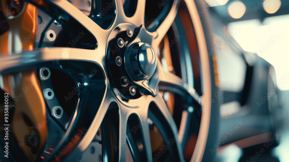Detailed close-up of a car wheel rim, with its intricate spokes and glossy finish highlighted under bright factory lights. Detailed close-up of a car wheel rim, with its intricate spokes and glossy finish highlighted under bright factory lights.