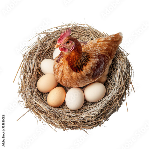 A hen sitting proudly on a nest of eggs isolated on a white background. photo