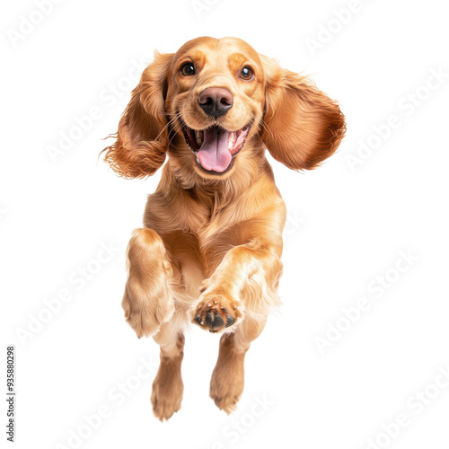 A joyful dog leaping in happiness isolated on a white background. photo