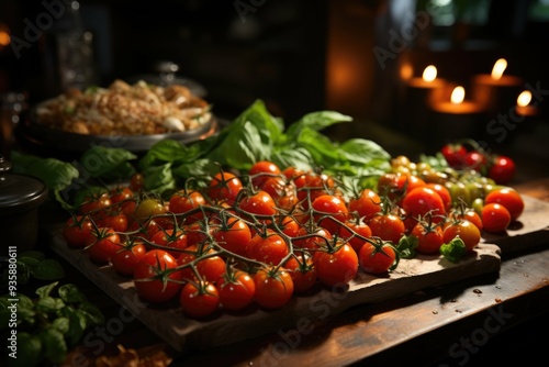 Flat composition with fresh cherry tomatoes, pepper and basil in the blank space, generative IA photo