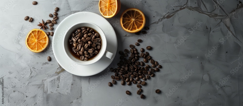 White cup and saucer filled with roasted coffee beans accompanied by two slices of dried orange and a couple of coffee beans set against a gray table background top view. Copy space image White cup and saucer filled with roasted coffee beans accompanied by two slices of dried orange and a couple of coffee beans set against a gray table background top view. Copy space image