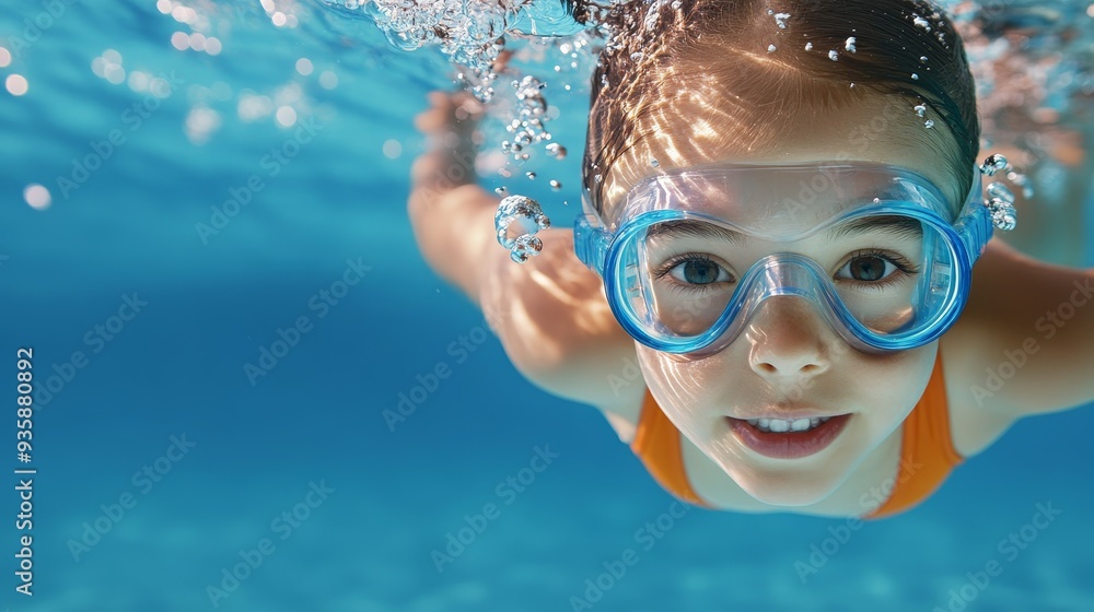 Fototapeta premium Happy Kid Swimming Underwater with Goggles - A young girl wearing goggles swims underwater in a pool, enjoying the water and summer fun. The image conveys a sense of joy, freedom, and the refreshing f