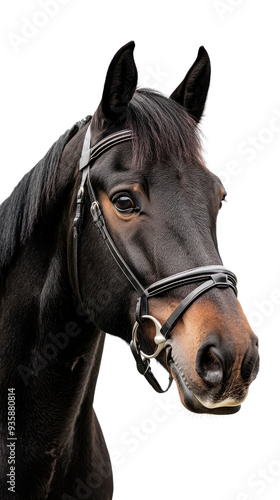 A majestic black horse portrait isolated on a white background.