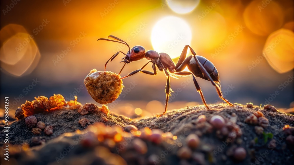 dramatic close-up shot of single determined ant carrying crumb back to anthill amidst blurred bokeh of surrounding natural environment at sunset dramatic close-up shot of single determined ant carrying crumb back to anthill amidst blurred bokeh of surrounding natural environment at sunset