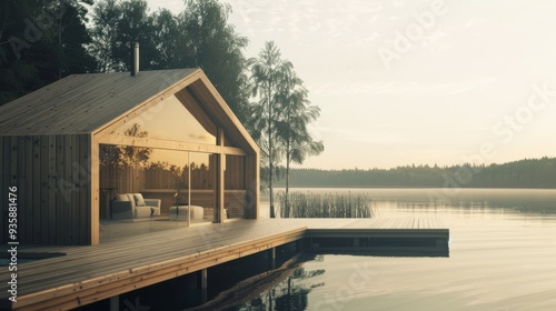 A rustic lakeside cabin with panoramic windows opens up to a serene morning view of the lake, surrounded by calm waters and misty trees, capturing a moment of tranquility.