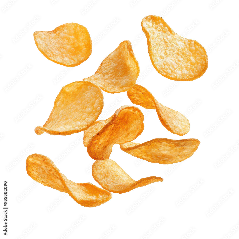 A scattering of crispy potato chips, golden and crunchy, isolated on a white background. A scattering of crispy potato chips, golden and crunchy, isolated on a white background.