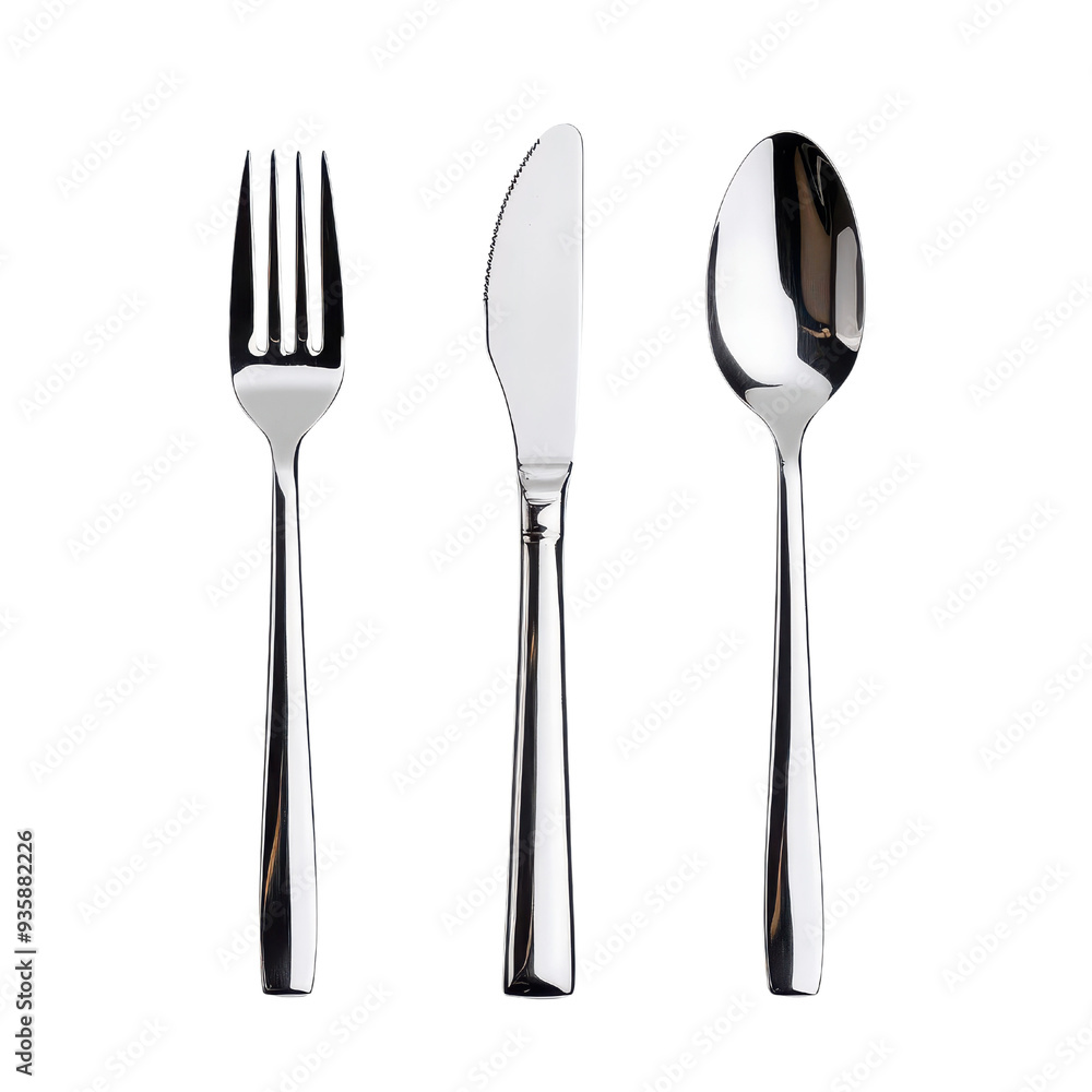 A shiny silverware set featuring a fork, knife, and spoon isolated on a white background. A shiny silverware set featuring a fork, knife, and spoon isolated on a white background.