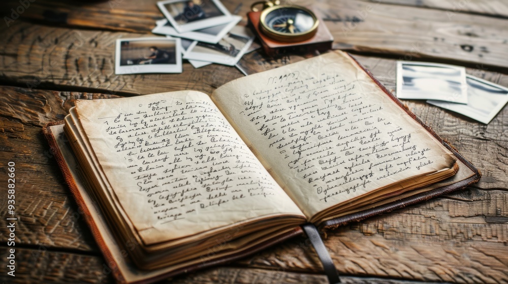Obraz premium An open journal filled with handwritten notes sprawls on a rustic wooden table, surrounded by nostalgic photographs and a vintage compass.