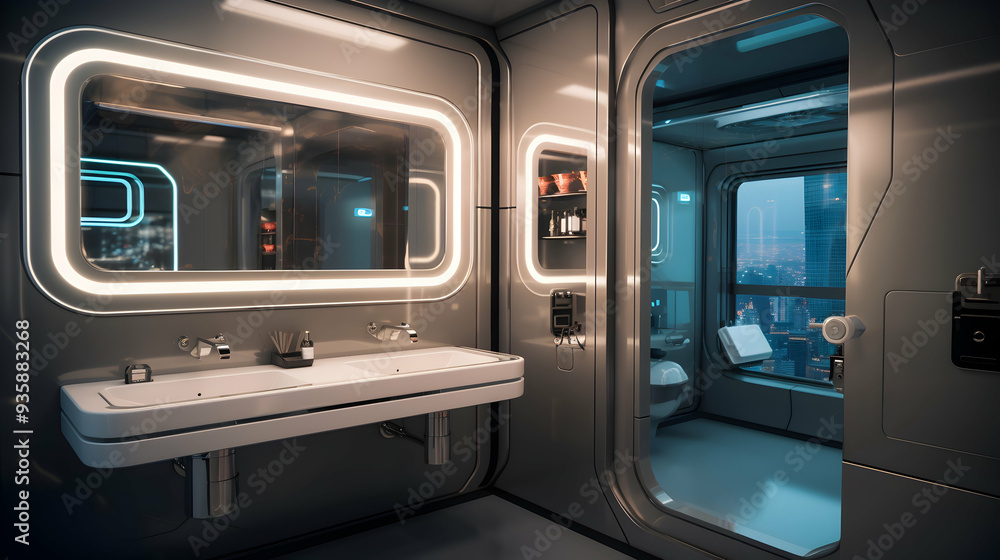 A futuristic bathroom with smart mirrors and automated fixtures, A futuristic bathroom with smart mirrors and automated fixtures,