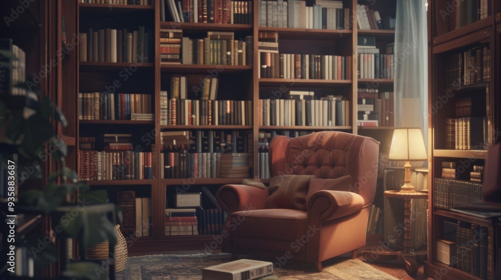 A cozy library with an inviting armchair, a soft lamp’s glow, and shelves packed with books, creating a warm and tranquil reading corner. A cozy library with an inviting armchair, a soft lamp’s glow, and shelves packed with books, creating a warm and tranquil reading corner.
