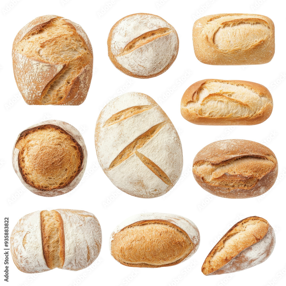 A variety of fresh, artisanal bread rolls isolated on a white background. A variety of fresh, artisanal bread rolls isolated on a white background.