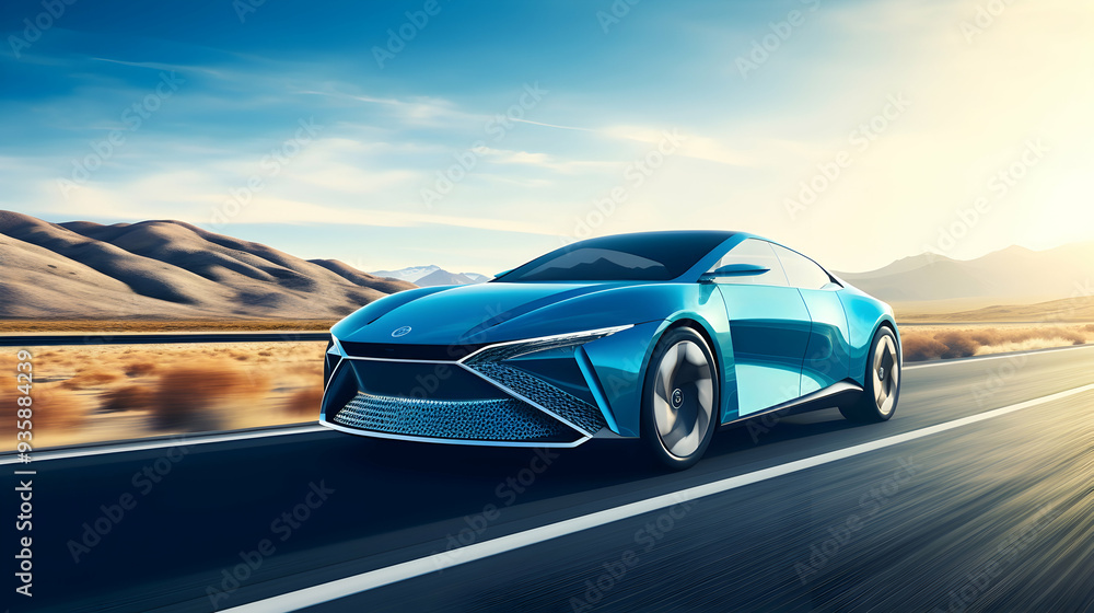 Naklejka premium A futuristic hydrogen fuel cell car on a scenic road,