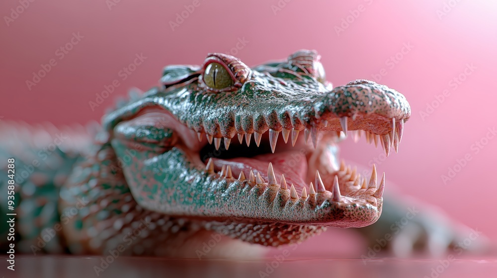 Obraz premium The fierce features of a crocodile head, including sharp teeth, textured scales, and spiky details, are captured in a close-up view against a matching pink background.