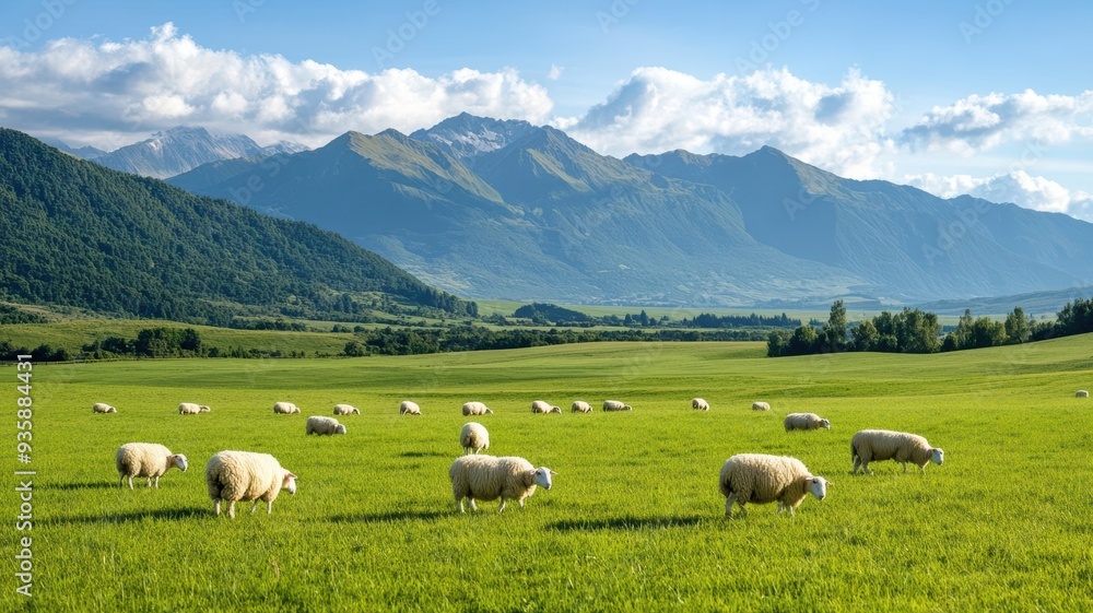 A serene landscape featuring sheep grazing in a lush green meadow with majestic mountains in the background under a clear blue sky. A serene landscape featuring sheep grazing in a lush green meadow with majestic mountains in the background under a clear blue sky.