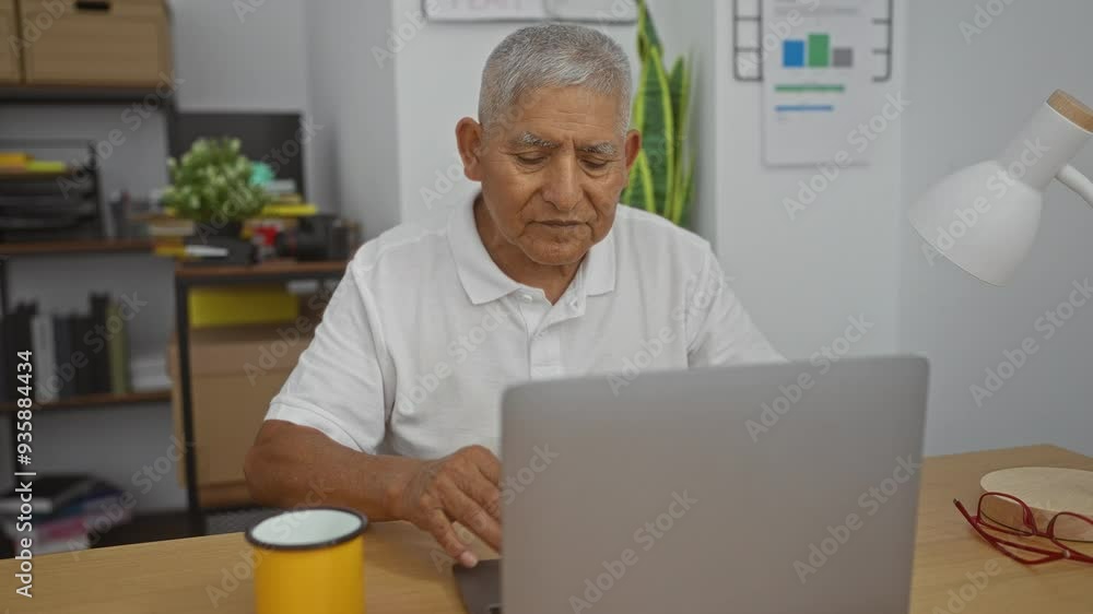Middle-aged hispanic man with grey hair working on a laptop in an office, sipping coffee, and surrounded by indoor workspace elements including a desk lamp and bookshelves. Middle-aged hispanic man with grey hair working on a laptop in an office, sipping coffee, and surrounded by indoor workspace elements including a desk lamp and bookshelves.