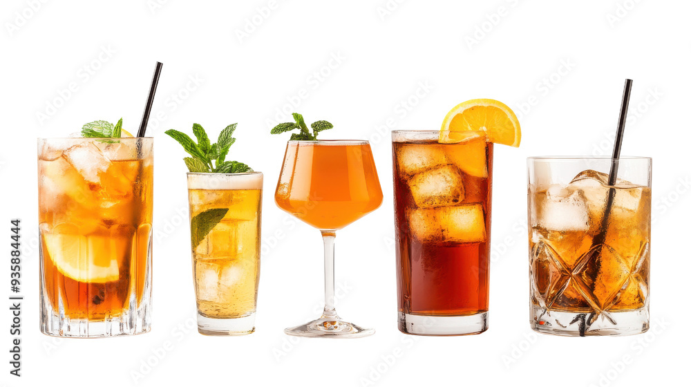A vibrant display of assorted cocktails with ice, garnishes isolated on a white background. A vibrant display of assorted cocktails with ice, garnishes isolated on a white background.