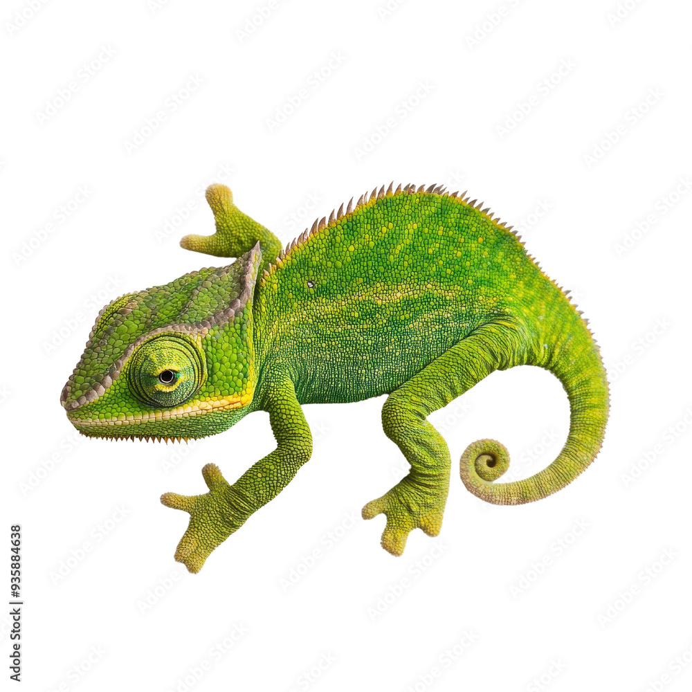 Fototapeta premium A green chameleon isolated on a white background.