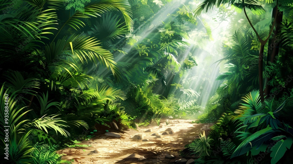 Naklejka premium Sunbeams Illuminating a Path Through a Lush Green Jungle