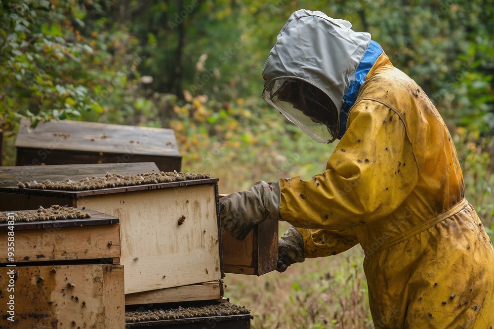 Beekeeper inspecting hives in a forested area during autumn Beekeeper inspecting hives in a forested area during autumn