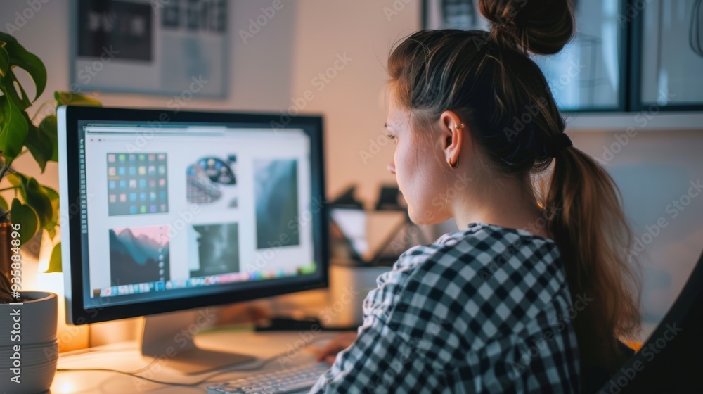 A woman works on a large desktop computer in a cozy, well-lit home office, focusing intently on graphic design software. A woman works on a large desktop computer in a cozy, well-lit home office, focusing intently on graphic design software.