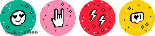 Festival vector design elements. Trendy Y2k retro sticker set. Playful pixel shapes. Smiling face, heart. Rock hand icon. Fans, rock-n-roll, music concept. Pixel art. Mood of 90's aesthetics. 8-bit