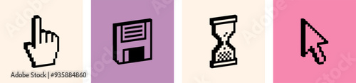 Set of 3D pixel elements. Hand click cursor. Mouse arrow pointer icon. Diskette, floppy disk. UI. Y2k trendy stickers. Mood of 90's. Cyber aesthetic. 8-bit retro style vector illustration