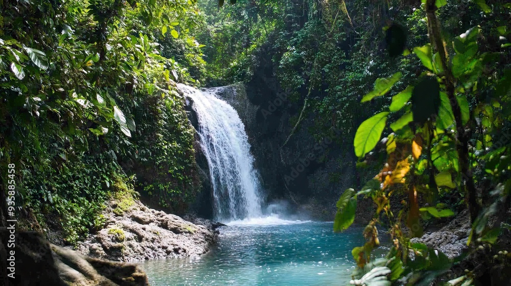 Obraz premium Secluded Waterfall Cascading into a Tranquil Pool Surrounded by Lush Tropical Foliage. AI generated illustration