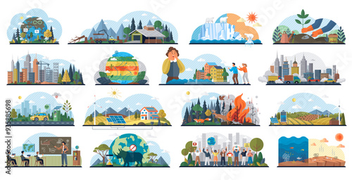 Climate change and global warming concepts metaphor. Save our planet. Endangered animal species, forest fire. Climate change education Earth day and protest activists. Global warming result. Co2 smog