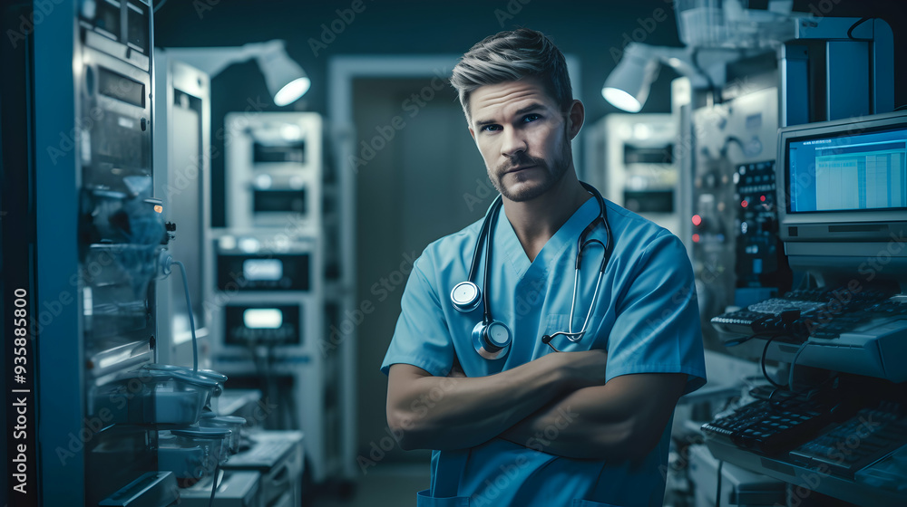 A healthcare professional in a thoughtful pose, surrounded by medical equipment A healthcare professional in a thoughtful pose, surrounded by medical equipment