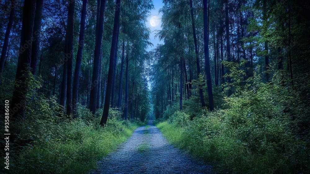 Moonlit Path Through a Dense Forest with Tall Trees and Patches of Moonlight Illuminating the Way. AI generated illustration Moonlit Path Through a Dense Forest with Tall Trees and Patches of Moonlight Illuminating the Way. AI generated illustration