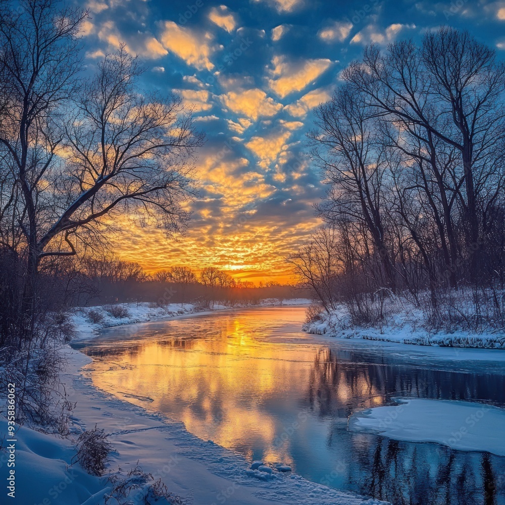 Fototapeta premium Winter Sunset Over a Frozen River