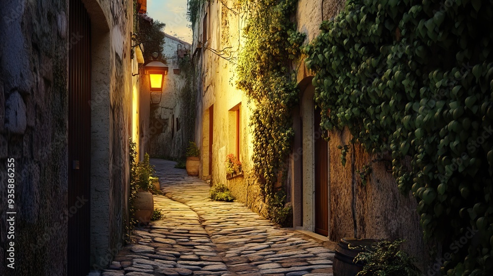 Obraz premium Narrow Alleyway in an Ancient Village with Cobblestone Streets, Ivy-Covered Walls, and Soft Lantern Light Illuminating the Path. AI generated illustration