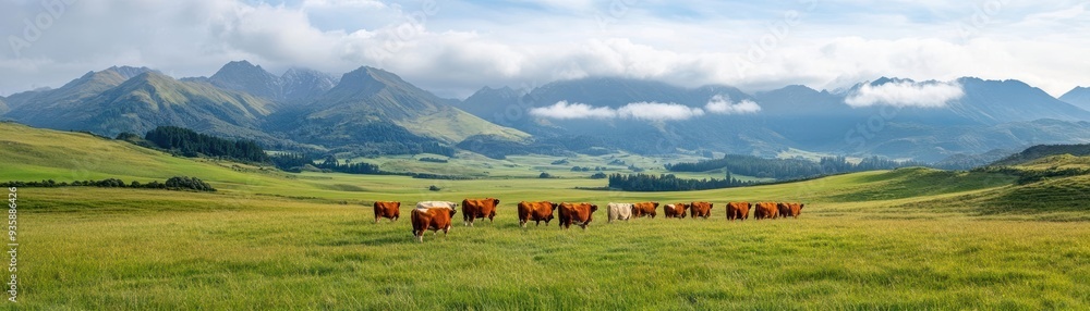 Scenic landscape with grazing cows in a lush green field surrounded by majestic mountains under a cloudy sky. Scenic landscape with grazing cows in a lush green field surrounded by majestic mountains under a cloudy sky.
