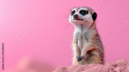Wallpaper Mural The close-up portrait of an adorable meerkat features its curious expression and large eyes, set against a delicate pink gradient background. Torontodigital.ca