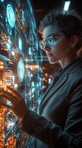 Businesswoman touching interactive digital screen analyzing data