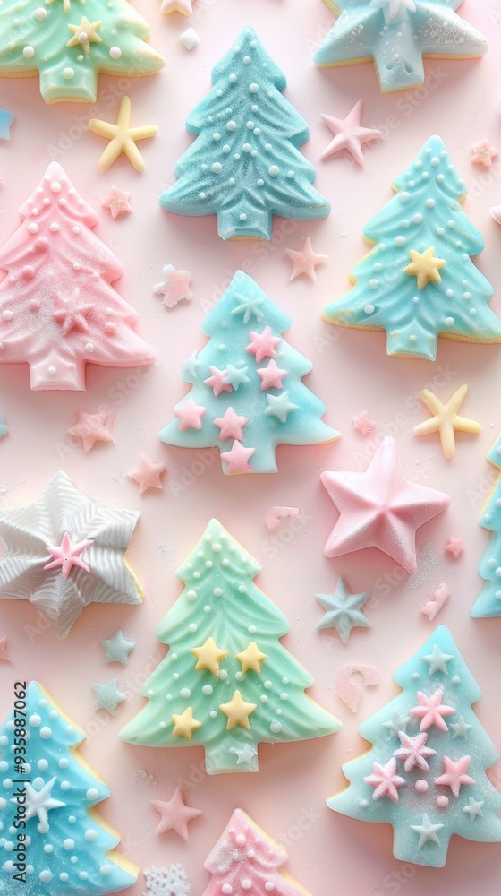 Pastel-colored Christmas tree cookies and star-shaped candies on a light pink background. Perfect for holiday baking themes and sweet festive designs. Pastel-colored Christmas tree cookies and star-shaped candies on a light pink background. Perfect for holiday baking themes and sweet festive designs.