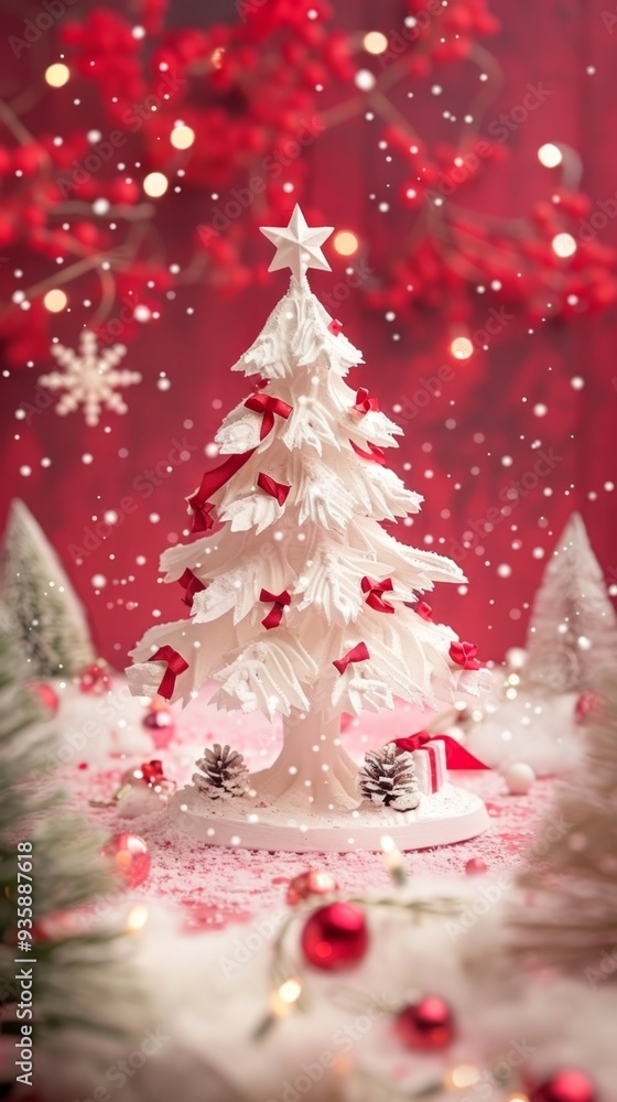White and red Christmas tree decoration surrounded by festive elements on a snowy background Perfect for holiday cards and seasonal promotions White and red Christmas tree decoration surrounded by festive elements on a snowy background Perfect for holiday cards and seasonal promotions