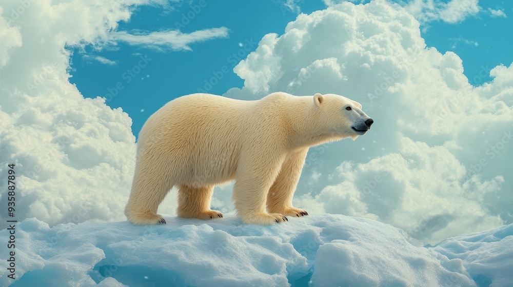 Majestic Polar Bear Standing on Ice Floe with Cloudy Sky - A majestic polar bear stands confidently on a white ice floe, surrounded by fluffy white clouds against a vibrant blue sky. The image symboli Majestic Polar Bear Standing on Ice Floe with Cloudy Sky - A majestic polar bear stands confidently on a white ice floe, surrounded by fluffy white clouds against a vibrant blue sky. The image symboli