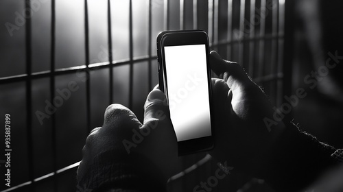 Black and White Photo of a Hand Holding a Smartphone in Front of a Metal Fence
