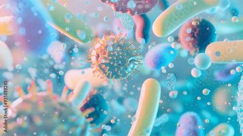 A vibrant scientific illustration showcasing various bacteria and viruses in an energetic, floating composition, highlighting their diverse structures and colors.