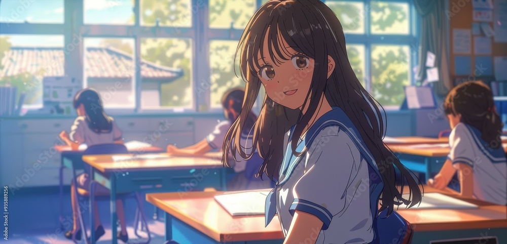 Fototapeta premium An anime teacher interacts with students in a vibrant classroom filled with sunlight, creating an inviting learning atmosphere