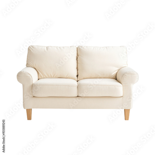 Cozy two-seater sofa with soft cushions and light fabric isolated on a white background.