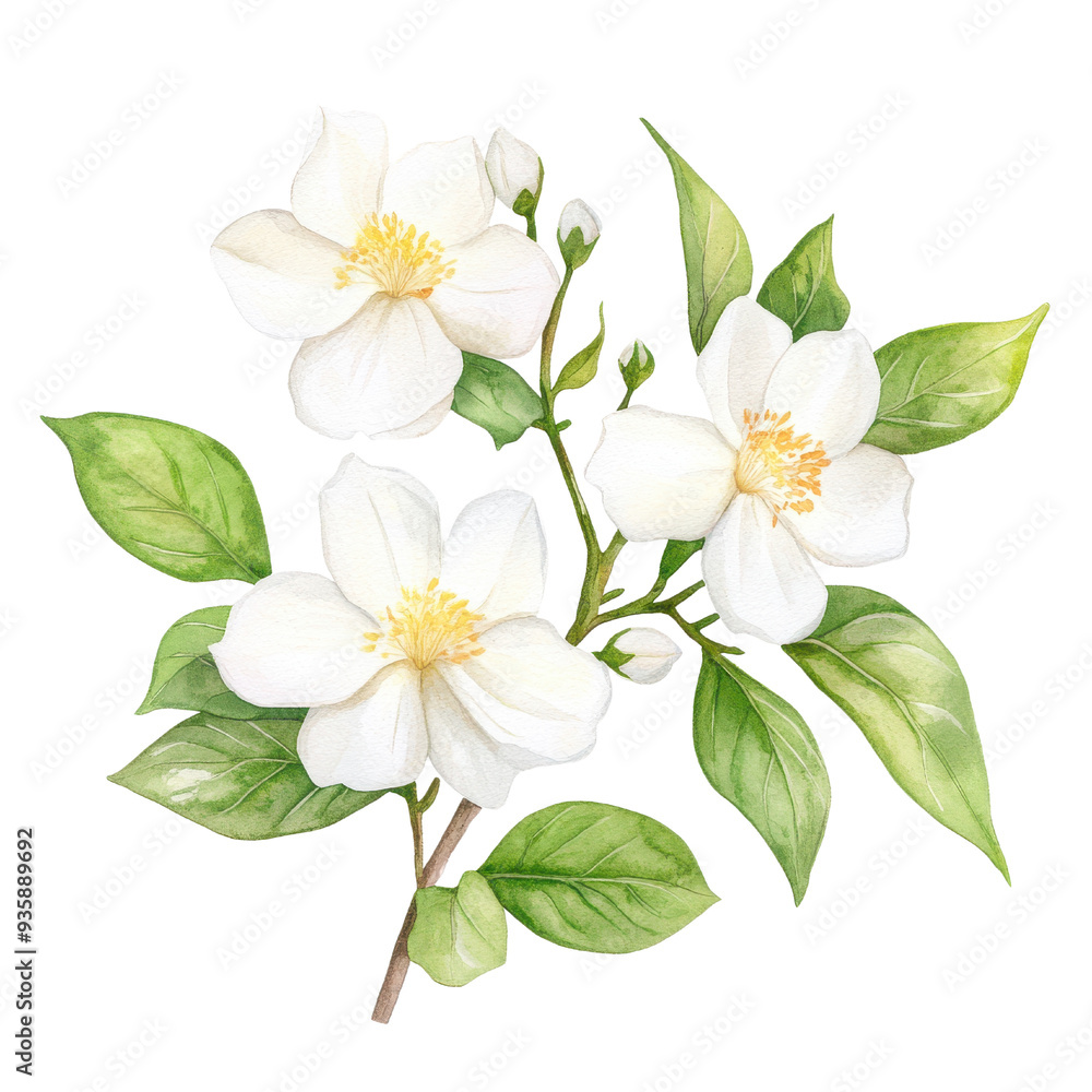 Obraz premium Delicate white flowers with lush green leaves isolated on a white background.